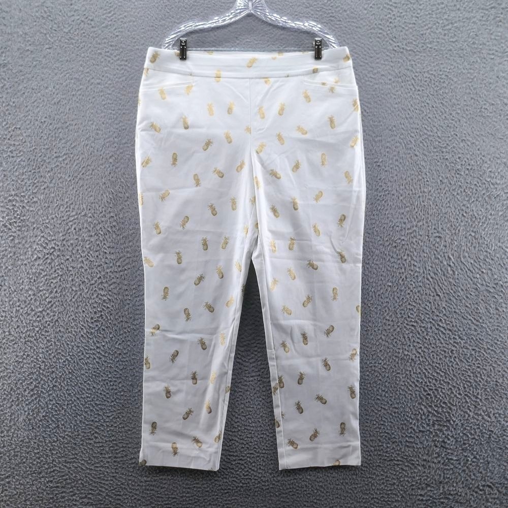 Chicos Womens White Gold Pineapple Foil Print Pull On Ankle Pants Size 3 US 16